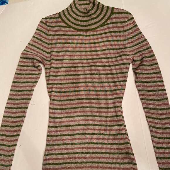 TANYA TAYLOR Carsten Metallic Striped Ribbed Open Back Turtleneck sweater, Small - Picture 2 of 6